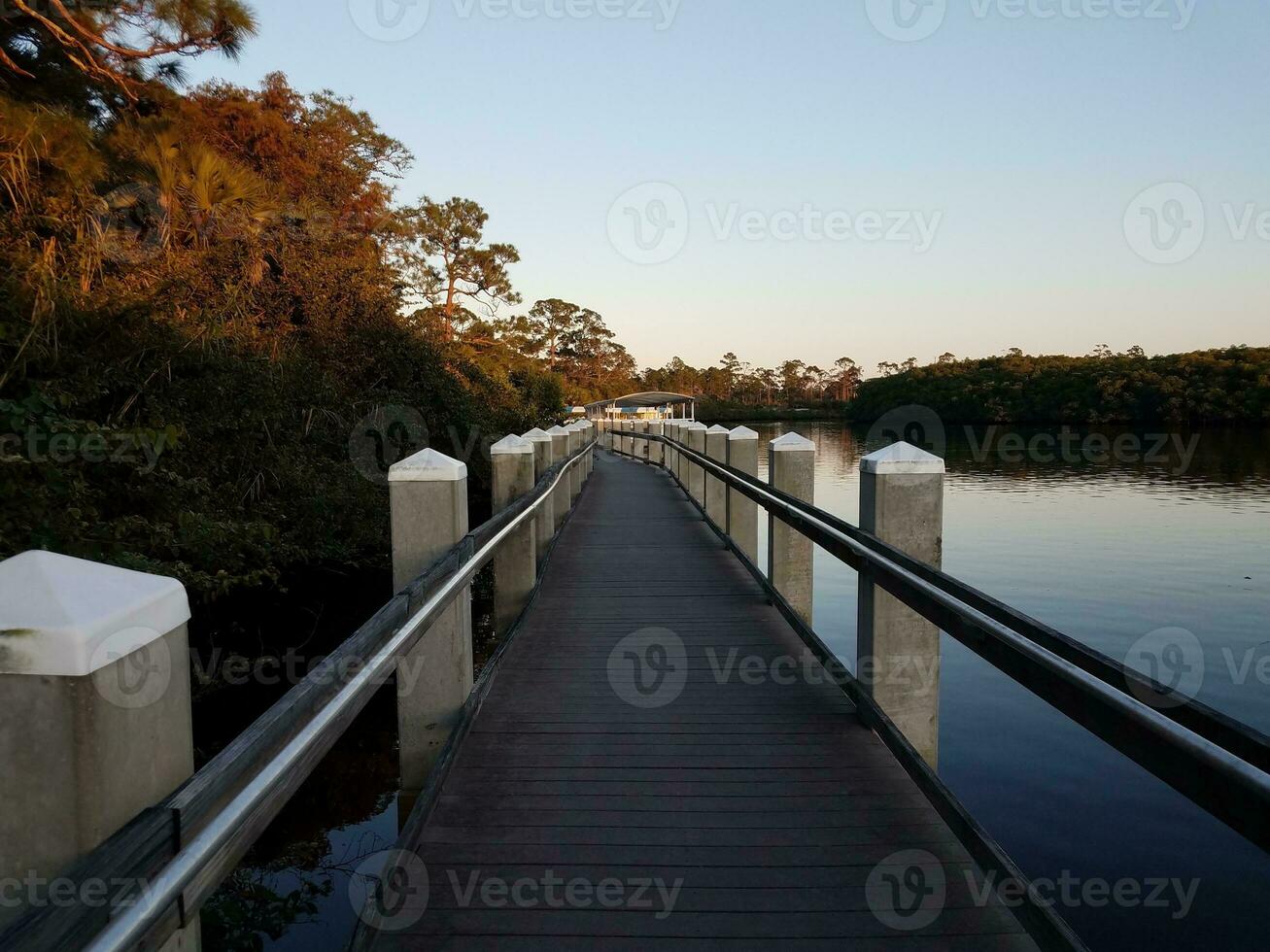 Holzsteg oder Wanderweg mit Geländer und Wasser im See foto