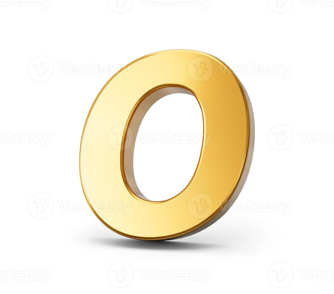 goldenes Alphabet o auf weißem, isoliertem Hintergrund 3D goldene Buchstaben zahlen 3D-Darstellung foto
