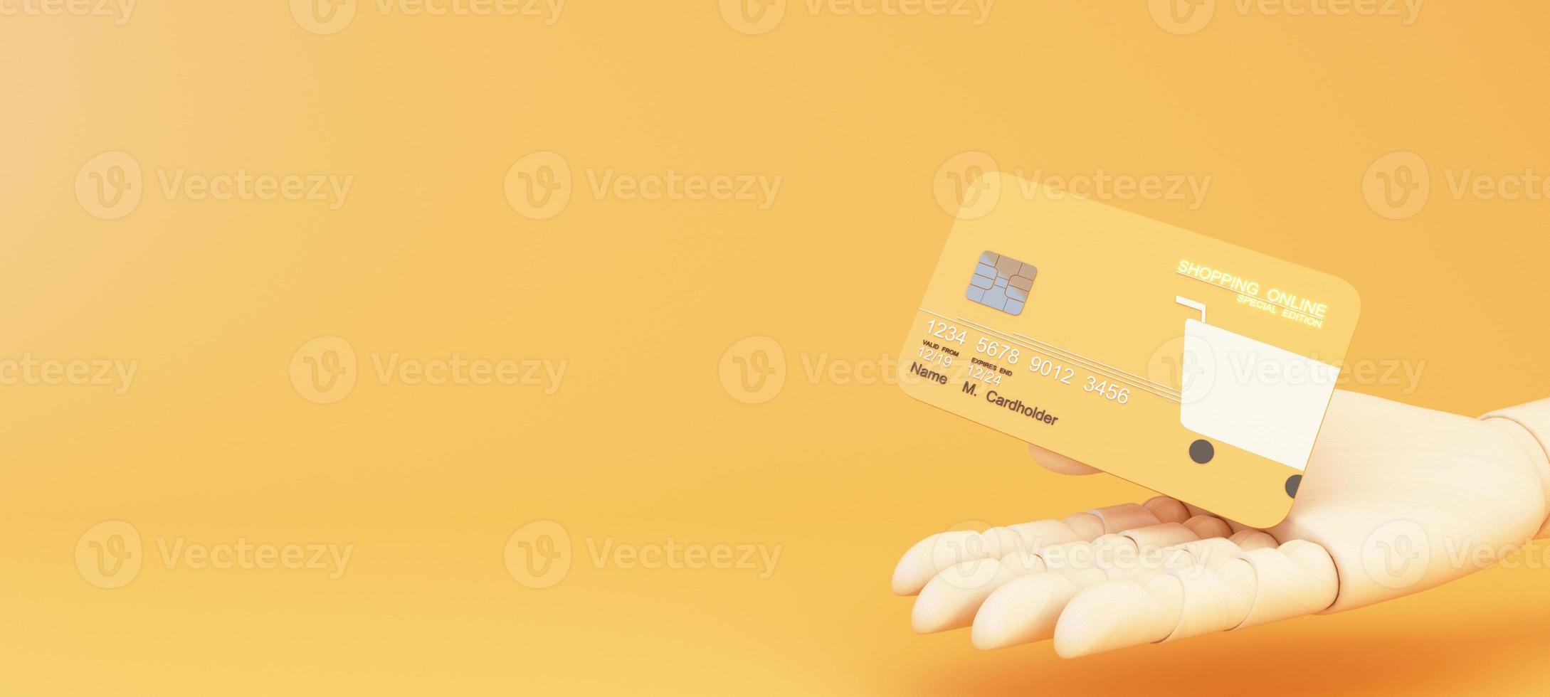 Nahaufnahme von Online-Shopping-Design auf Kreditkarte, schwebende Vorlage Mockup Bank Kreditkarte mit Online-Service isoliert auf rosa Hintergrund, digitale Münze, Brieftasche, Kopierraum 3D-Rendering foto