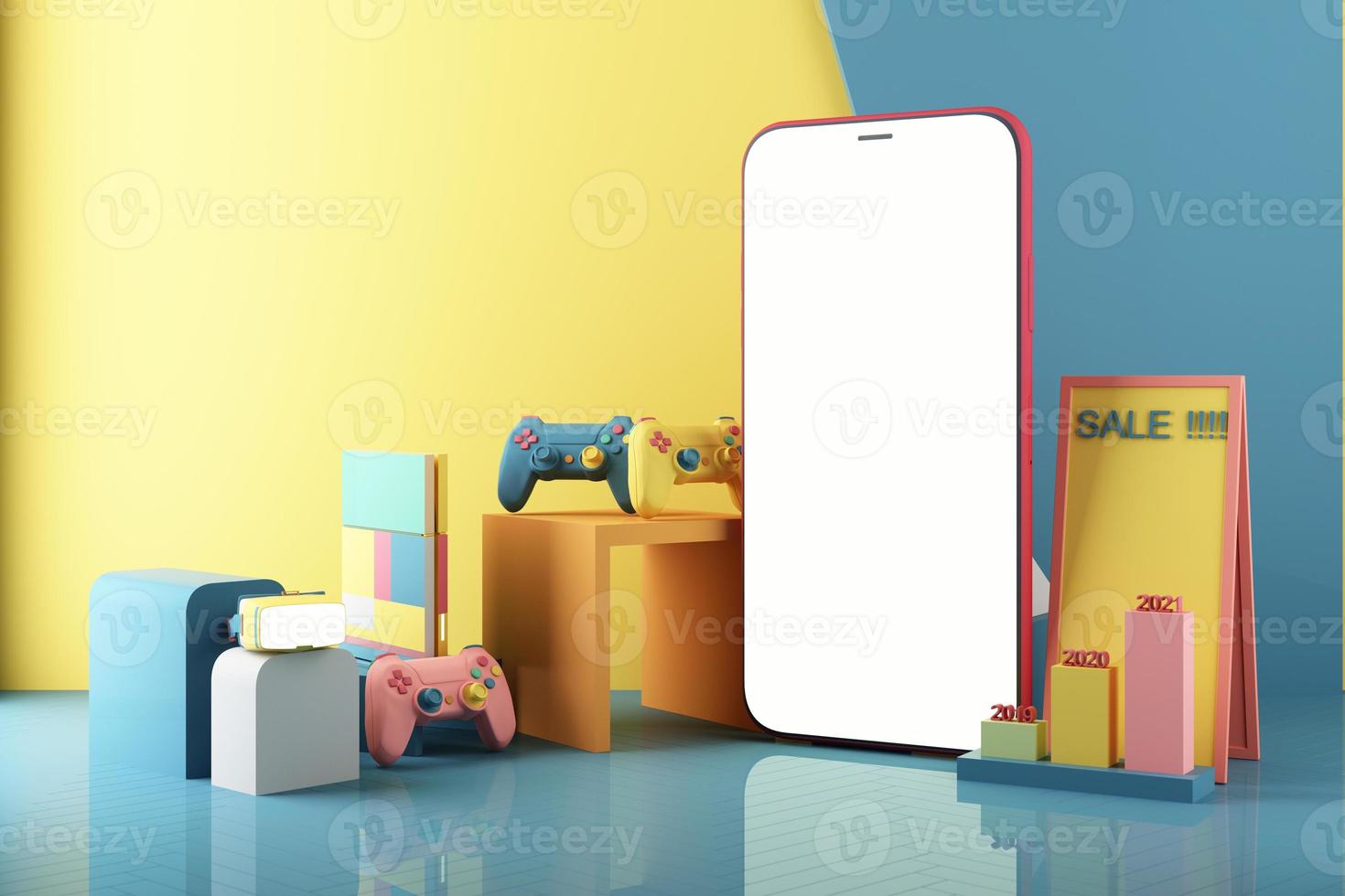 handy repräsentiert das online-einkaufen auf dem anwendungskonzept des mobilen bildschirms digitales marketing mit gamepad und videospielkonsole auf pastellfarben und statistikleiste 3d-rendering foto