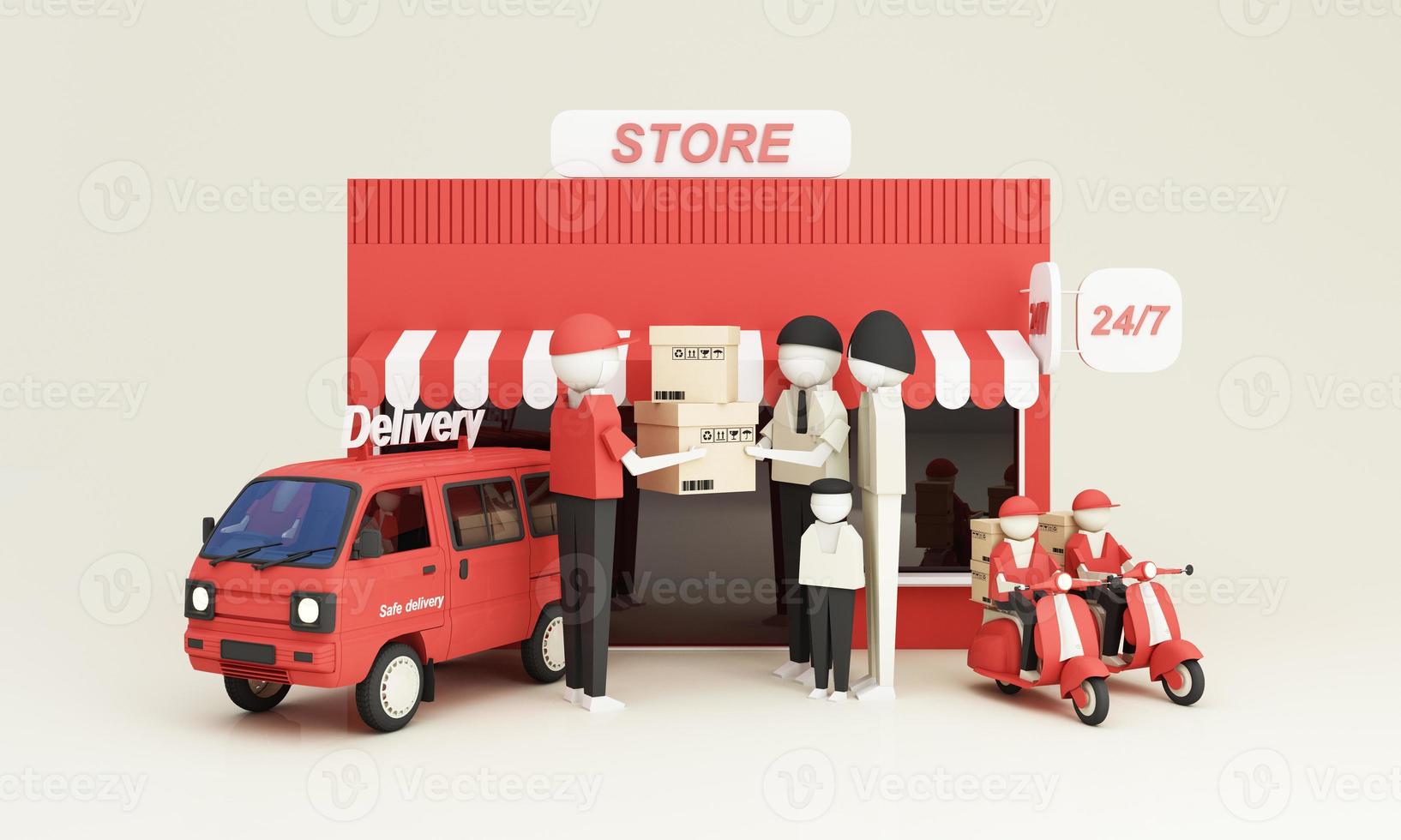 Online-Illustration des Marktplatzes, Internet-Multi-Vendor-Store im 3D-Stil auf Laptop-Computer und Telefonbildschirm mit Multi-Vendor-Stores-Shop-Schild in Orangetönen und rund um die Uhr geöffnet 3D-Rendering-Illustration foto