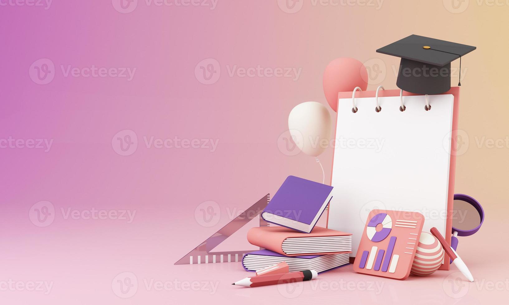 lernkonzept mit weißem papier an bord, umgeben von graduiertenkappe, offenen büchern, ballon, lineal, statistischer grafik, bleistift und lupe auf rosa und violettem hintergrund 3d-rendering foto