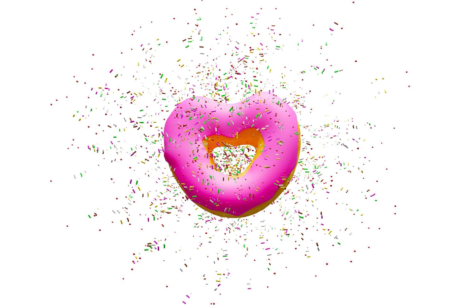 Herzförmige rosa Donuts mit Belag isoliert auf weißem Hintergrund, Donut 3D-Rendering foto