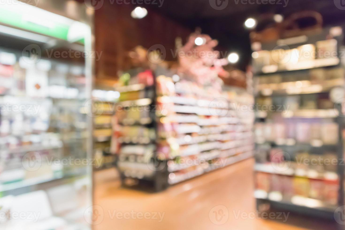 Abstrakter Supermarkt-Lebensmittelladen verschwommener defokussierter Hintergrund mit Bokeh-Licht foto