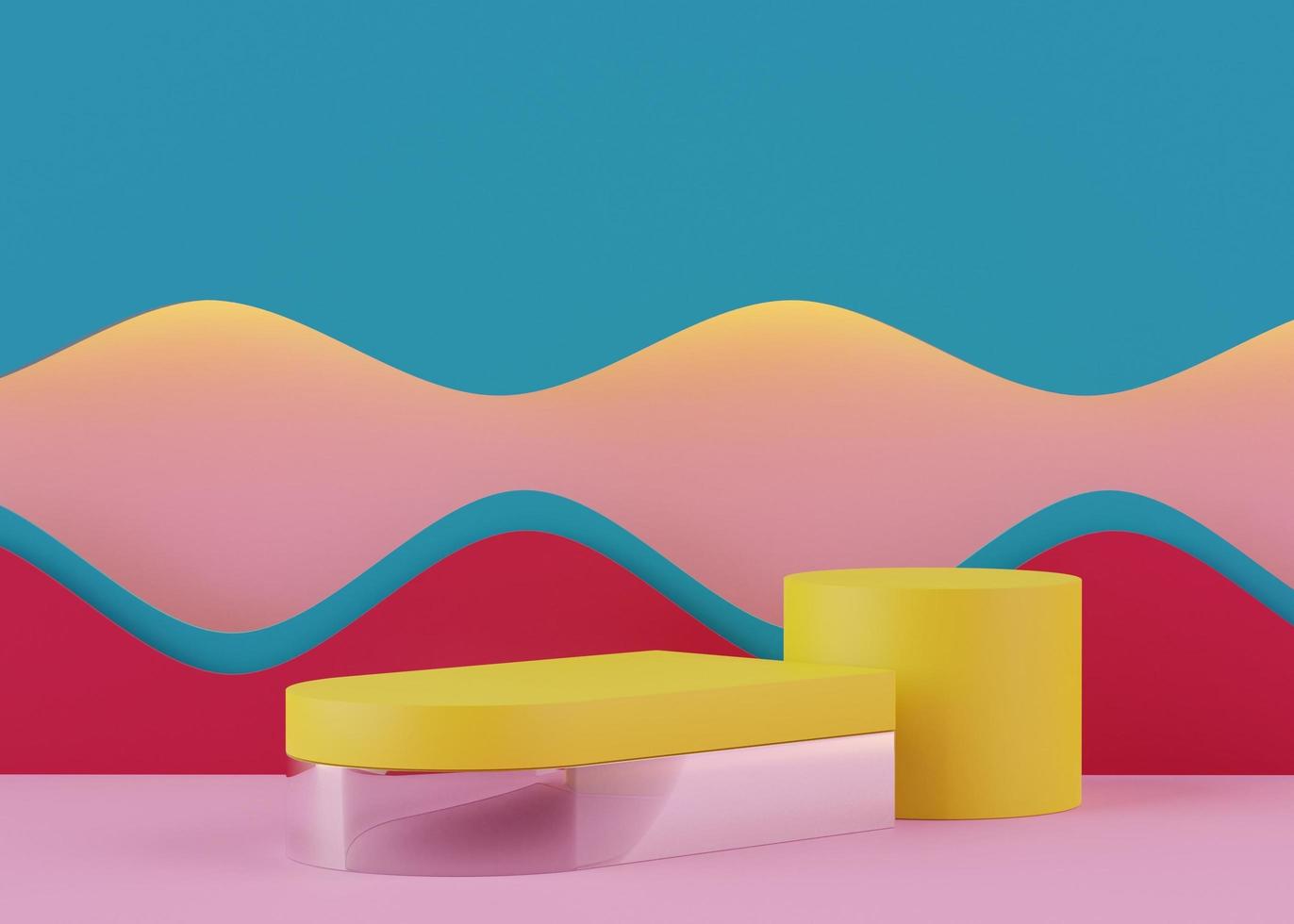 3D-Podiumsständer mit pastellfarbener Bogenszene. minimalistische geometrische leere plattform für mock-up und präsentation. abstrakter hintergrund für kommerzielle und kosmetische werbung. foto