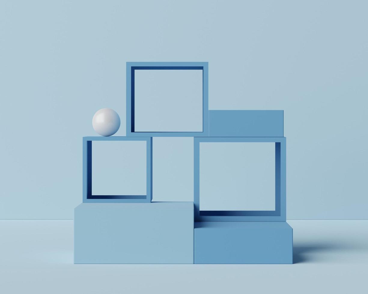 3D geometrische Formen. leere podiumsanzeige in pastellweißer blauer farbe. minimalistische Sockel- oder Vitrinenszene für vorhandenes Produkt und Attrappe. foto