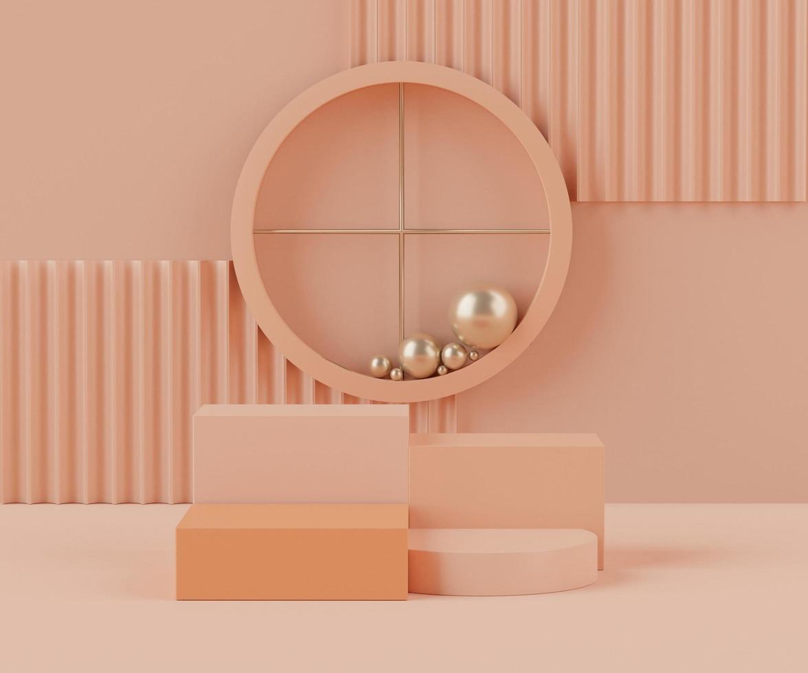 3D abstrakter Hintergrund der leeren Podiumsanzeige für Produkte und Kosmetikpräsentation und Mock-up. rosa korallenfarbener Sockel oder Vitrine mit minimalen geometrischen Formen. bunte Szene. foto