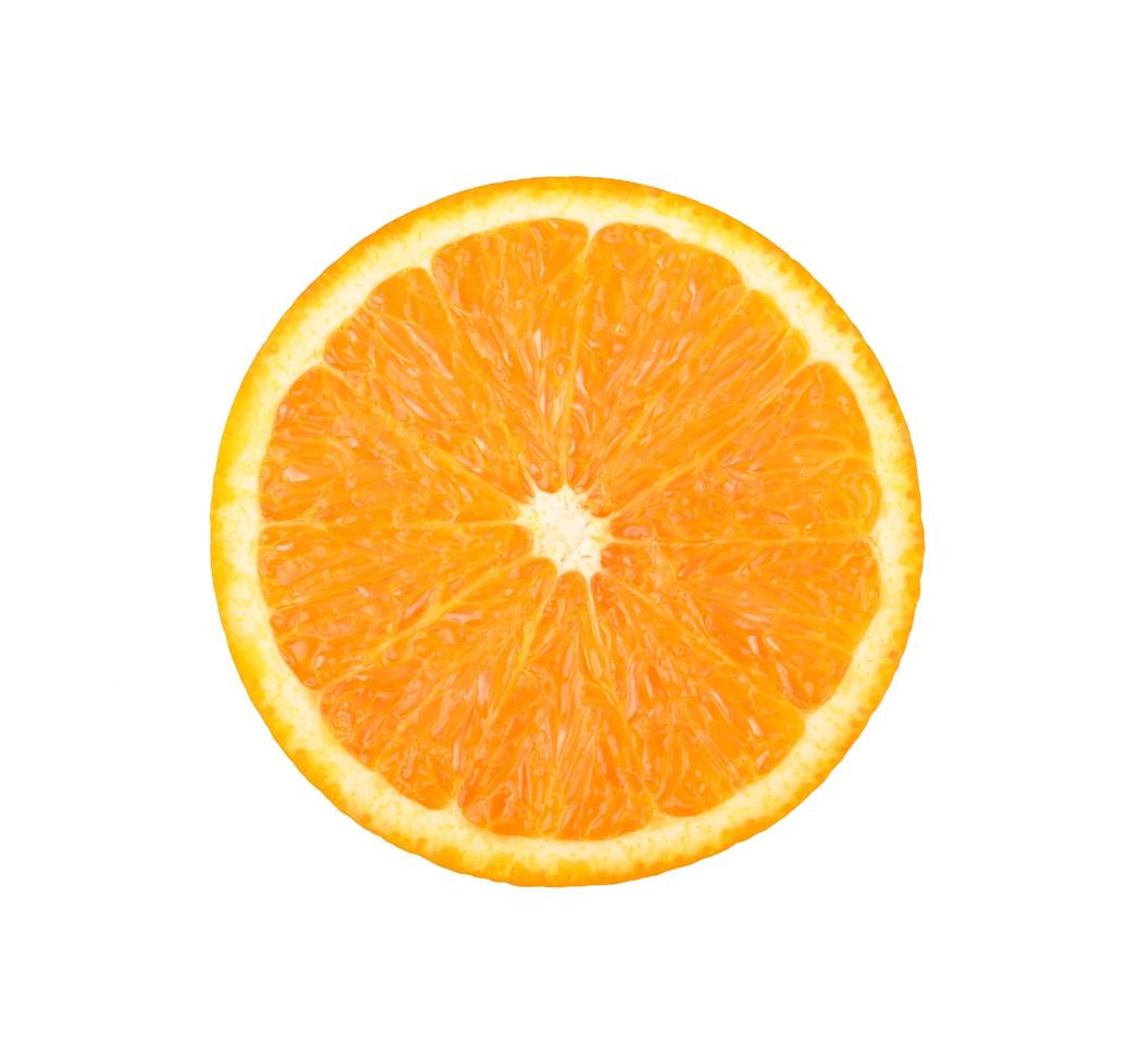 Orangenscheibe isoliert auf weißem Hintergrund. Ansicht von oben foto