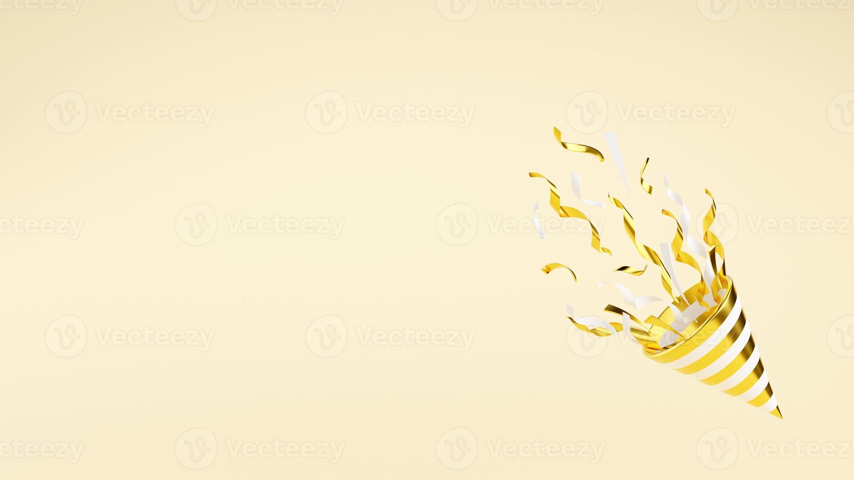 goldener partypopper mit fliegendem konfetti 3d-renderillustration mit kopierraum. foto