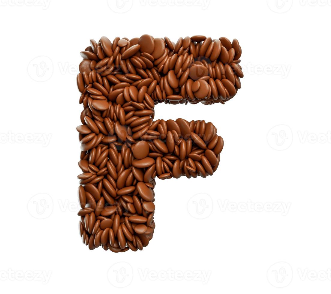 Buchstabe f aus schokolierten Bohnen Pralinen Alphabet Wort f 3D-Darstellung foto