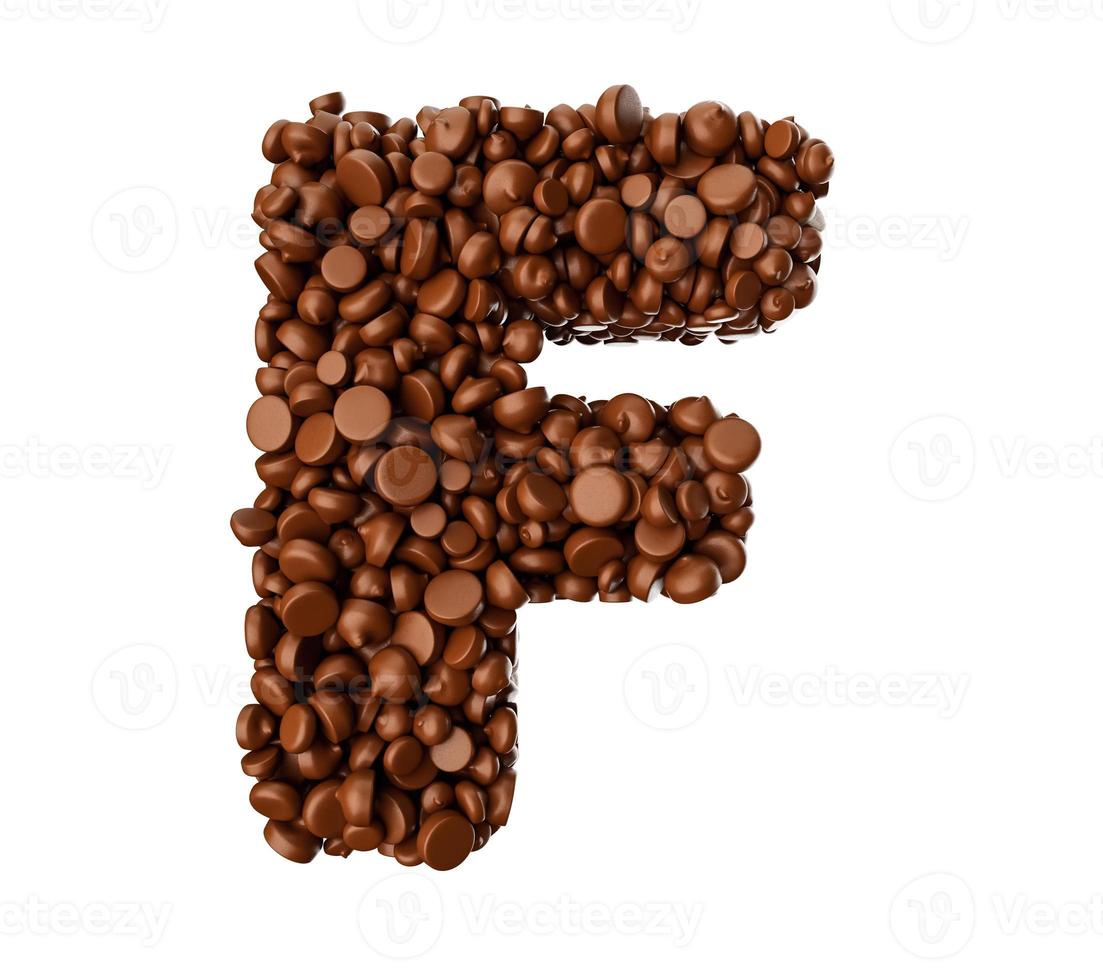 alphabet f aus schokoladenstückchen schokoladenstücken alphabet buchstabe f 3d illustration foto