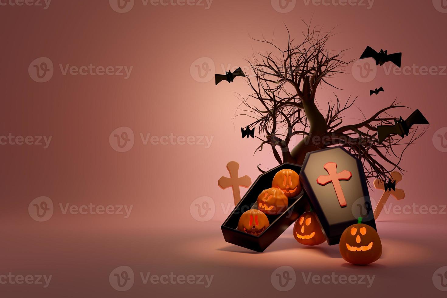 Sarg und Kerzenlicht im Kürbis mit Baum und Fledermaus für fröhliches Halloween, Konzept 3D-Illustration oder 3D-Rendering foto