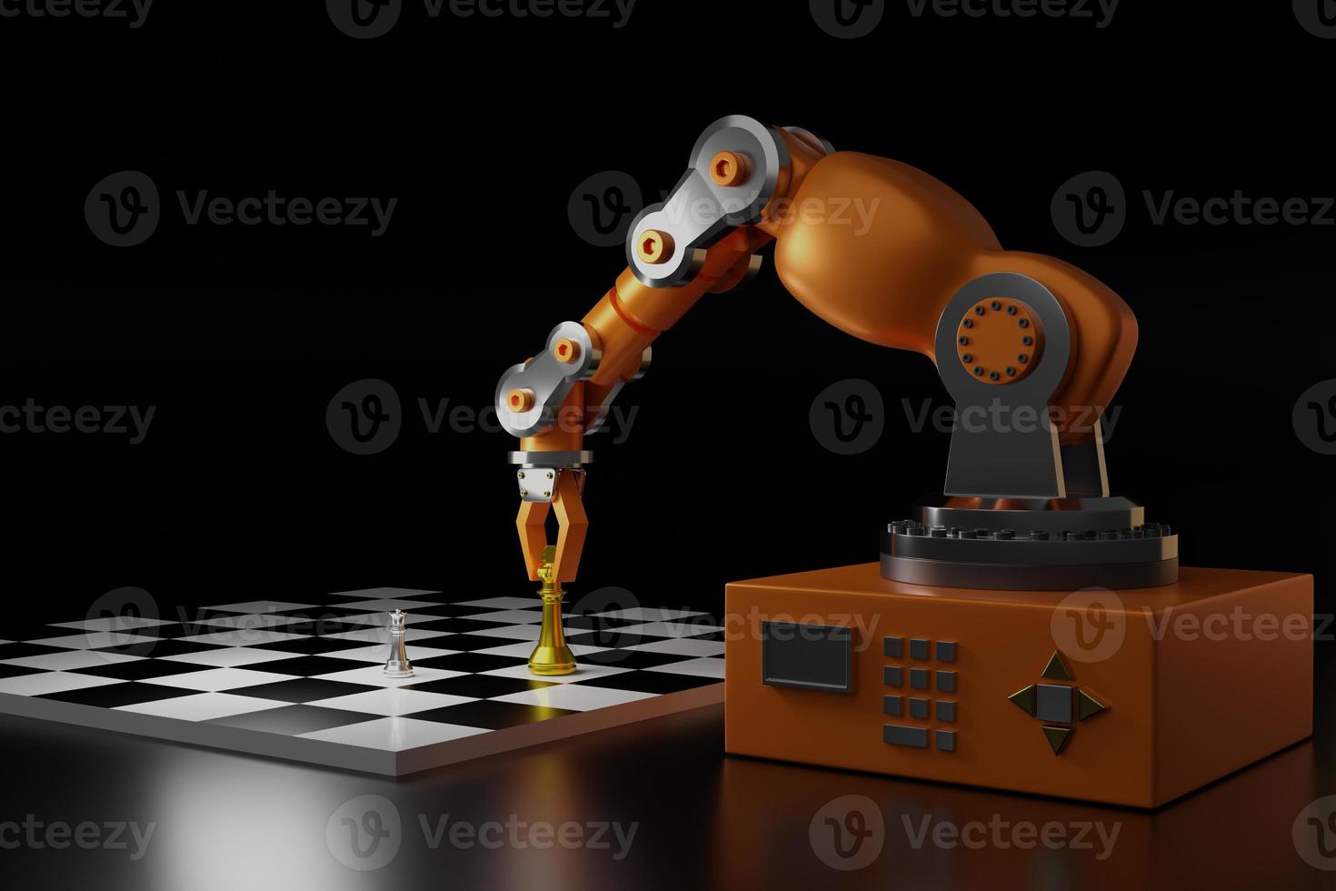 Roboterarm mit Schachfiguren und Brett auf schwarzem Hintergrund, 3D-Rendering foto