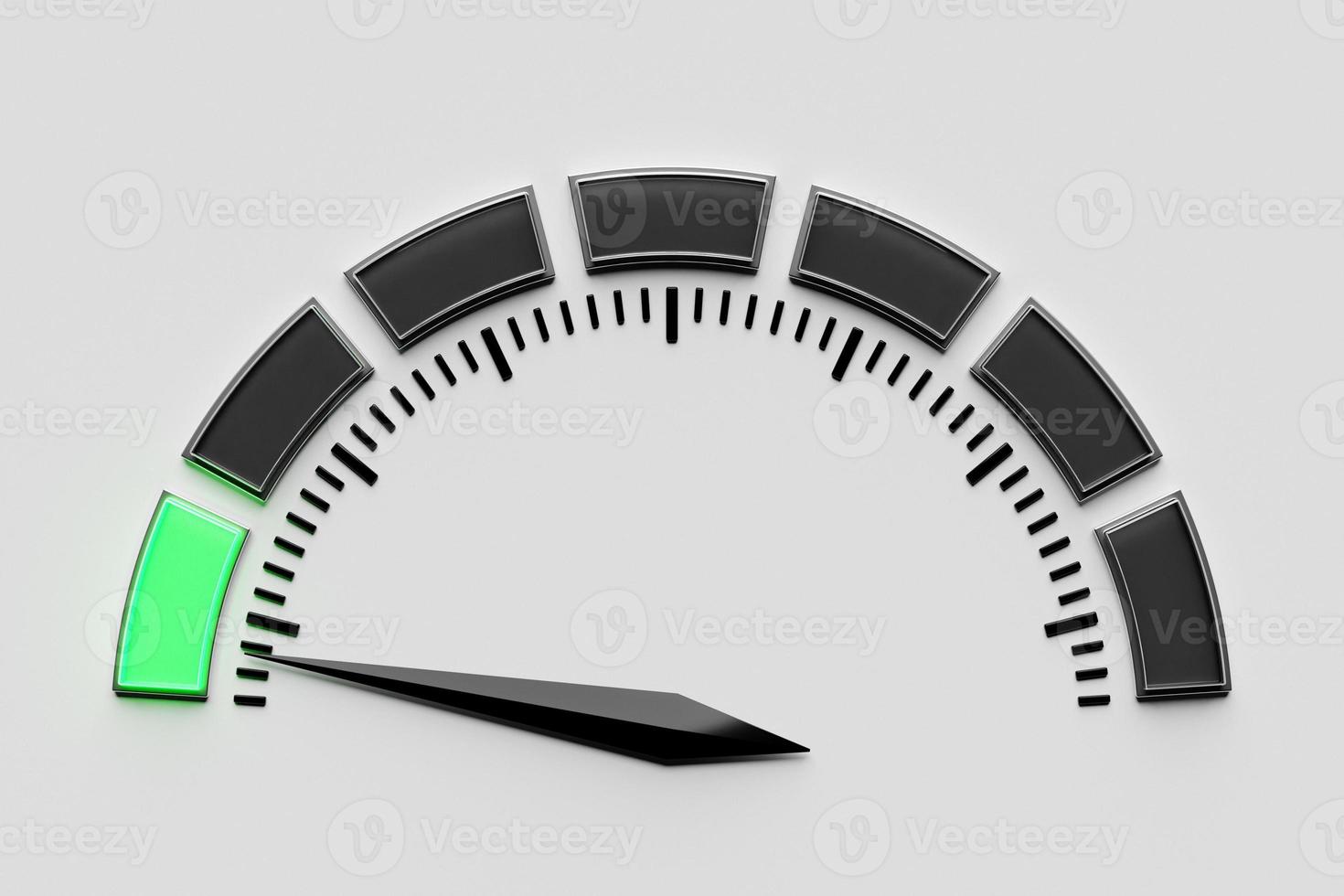 3D-Darstellung rundes Bedienfeldsymbol. Low-Risk-Konzept auf Tachometer. Bonitätsskala foto