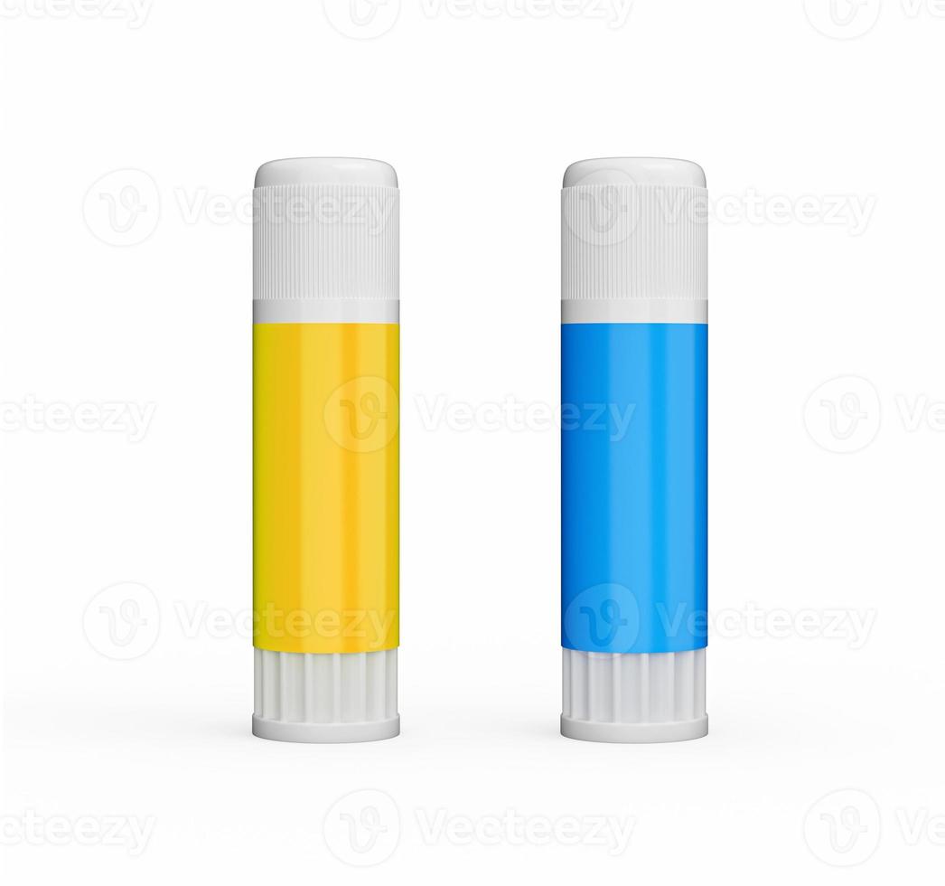 2 Klebestifte gelb und blau isoliert auf weißem Hintergrund 3D-Darstellung foto