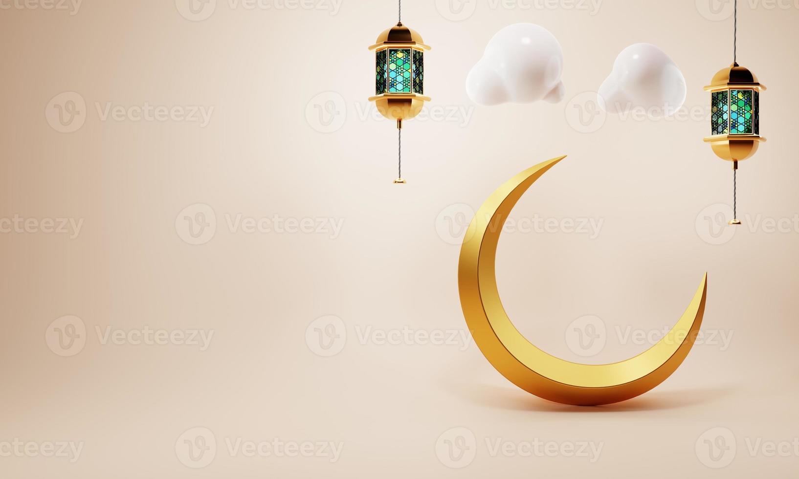 goldener halbmond mit arabischer laterne auf korallenfarbenem hintergrund. eid mubarak oder ramadan feiertag und traditionelles religionskonzept. 3D-Darstellungswiedergabe foto