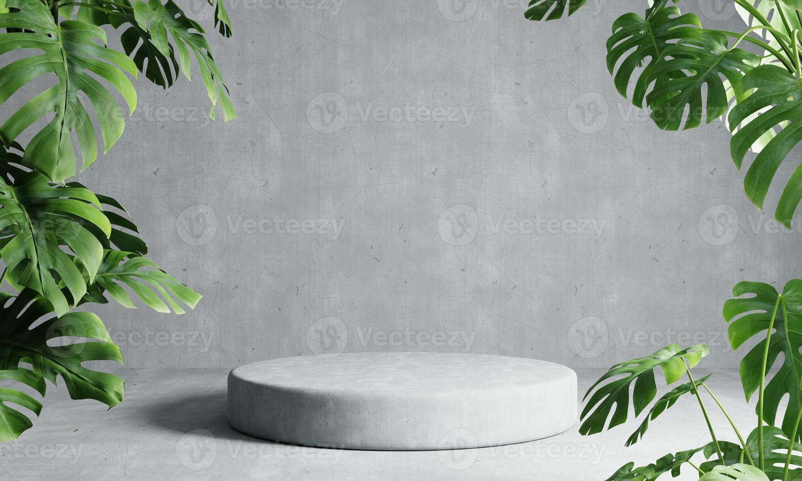 Ein rundes Podium in grauem Loft-Farbhintergrund mit Monstera-Pflanze im Vordergrund. abstraktes Tapetenschablonenelement und Architekturinterieurobjektkonzept. Wiedergabe der Illustration 3d foto