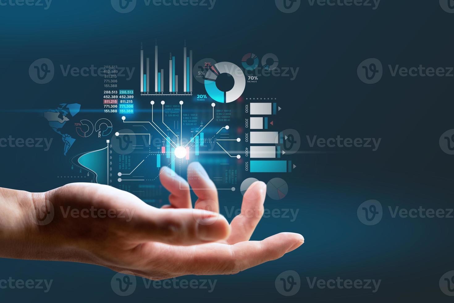 hand halten geschäftsinvestitionen digitales diagrammdiagrammhologramm foto