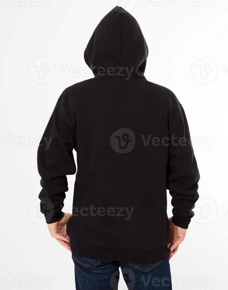 Mann im schwarzen Pullover-Hoodie-Modell - Rückansicht foto