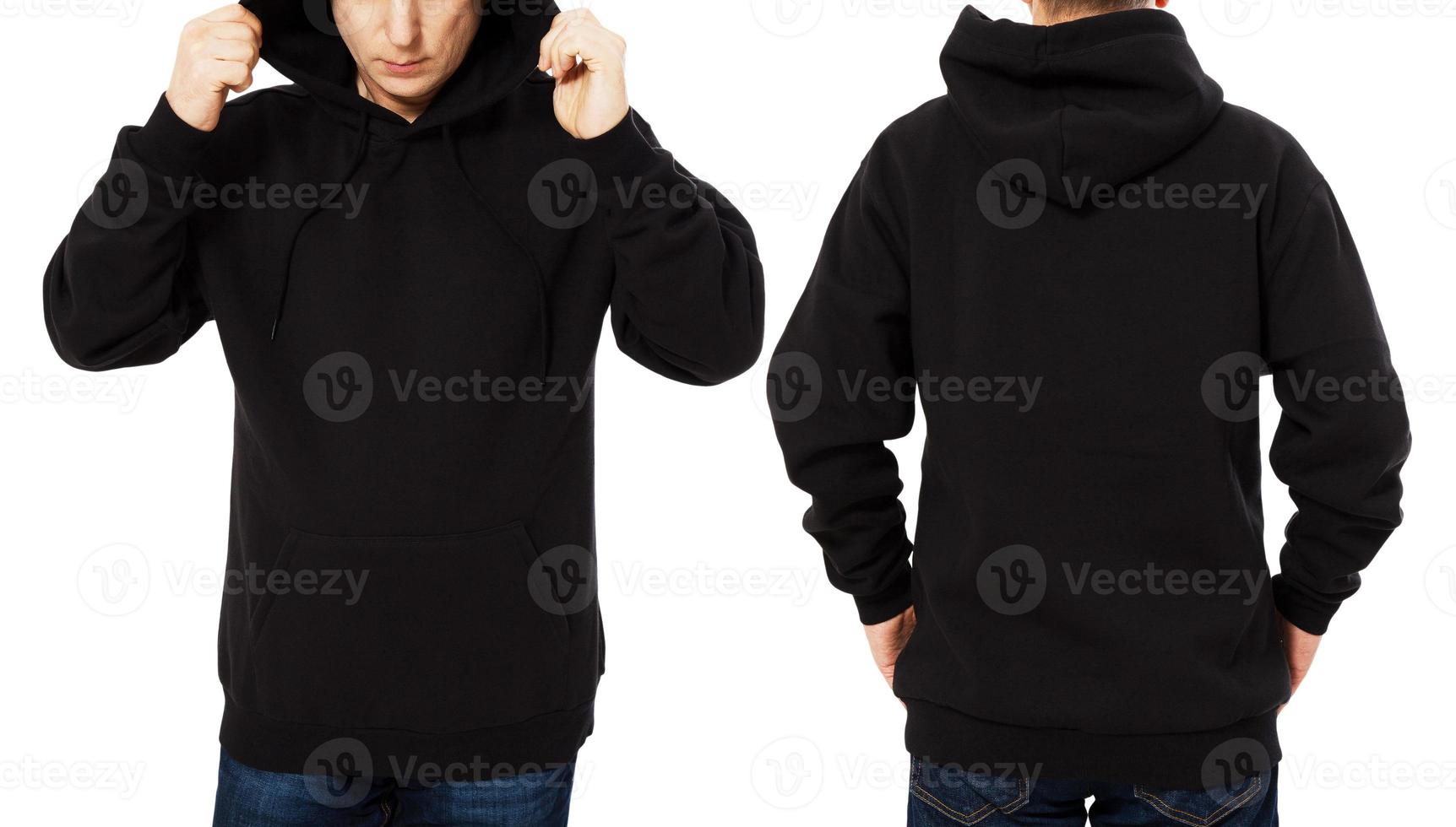 Mann Kapuzen-Set, schwarze Kapuzen-Vorder- und Rückansicht, Kapuzenmodell. leerer männlicher Hoody-Kopienraum. vorderer und hinterer Hintergrund foto