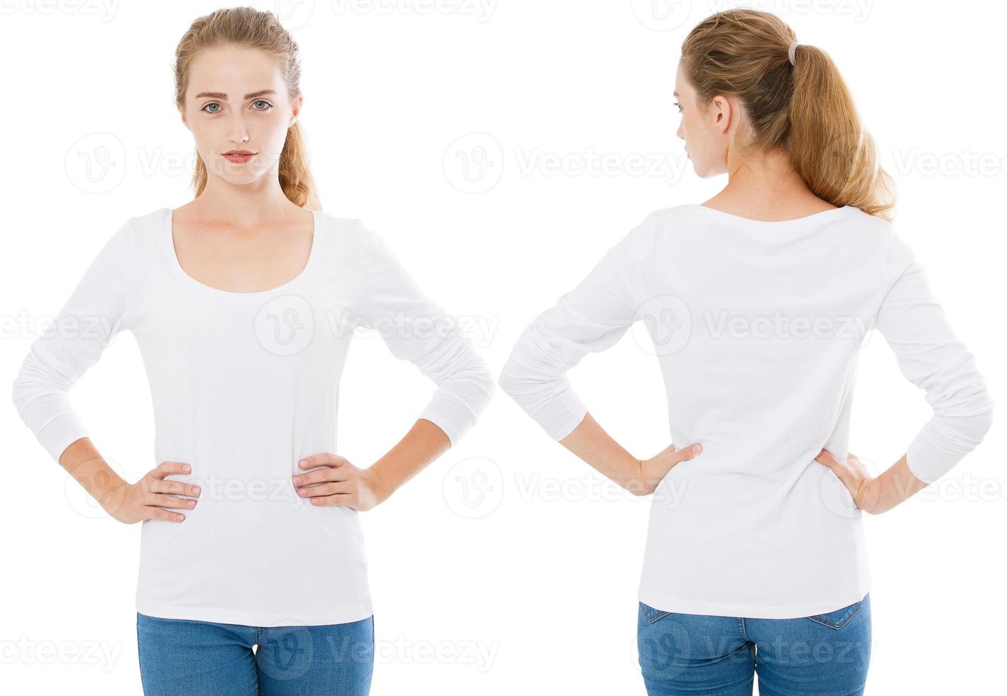 Mädchen in einer Langarm-T-Shirt-Collage isoliert auf weißem Hintergrund, Kopierraum, leer, leer foto