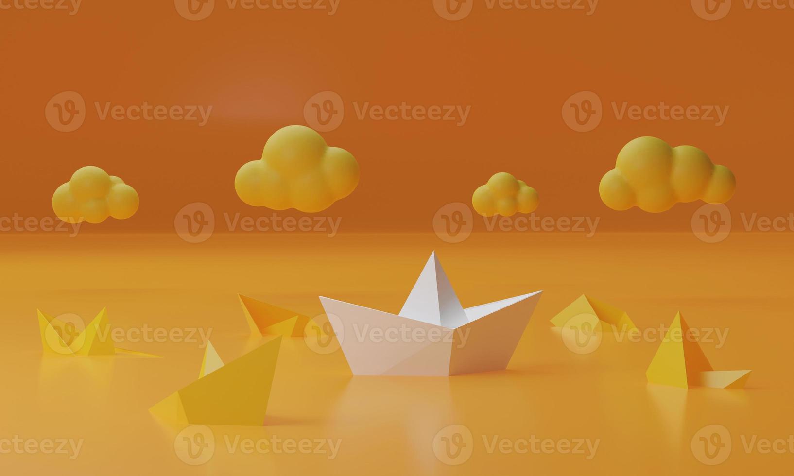 Gelbes Papierboot, das mit mehreren weißen Booten schwimmt, die sinken. foto