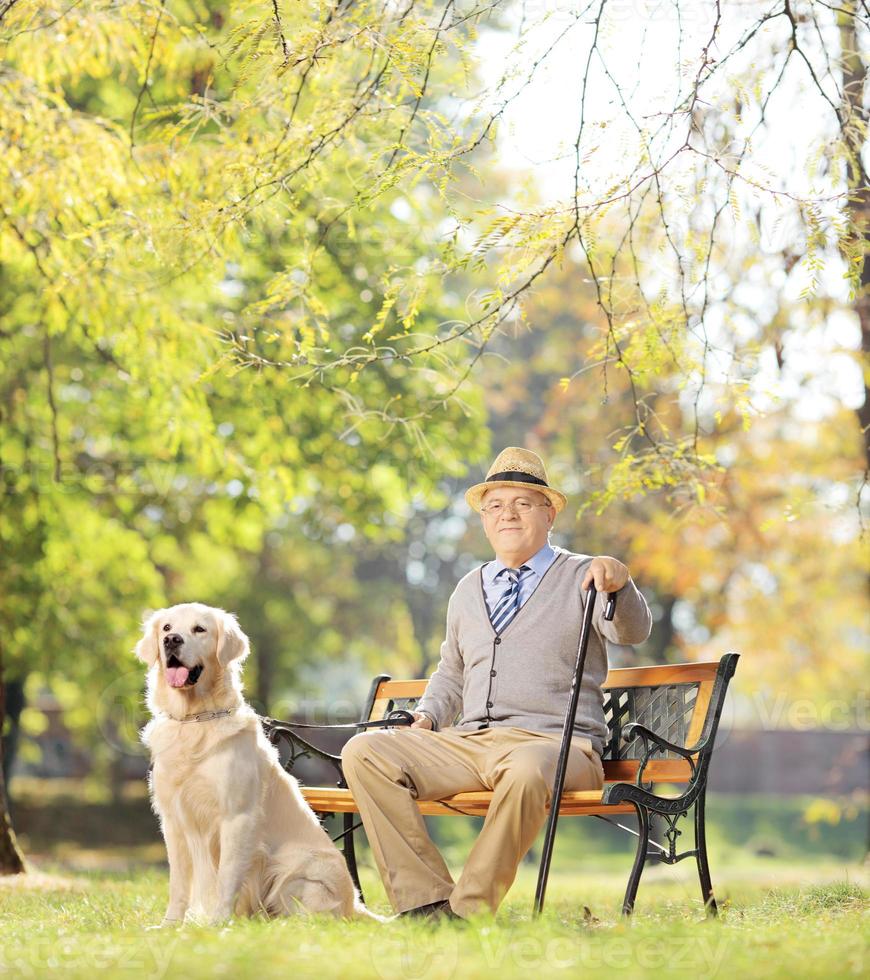 älterer Mann, der in einem Park mit seinem Hund entspannt foto