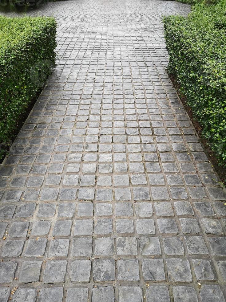 stempel beton schwarze farbe härter druckmuster auf der zement- oder mörteloberfläche blockform quadratisches mustermaterial grobe textur hintergrundkorridorblätter grüne baumtextur naturhintergrund foto