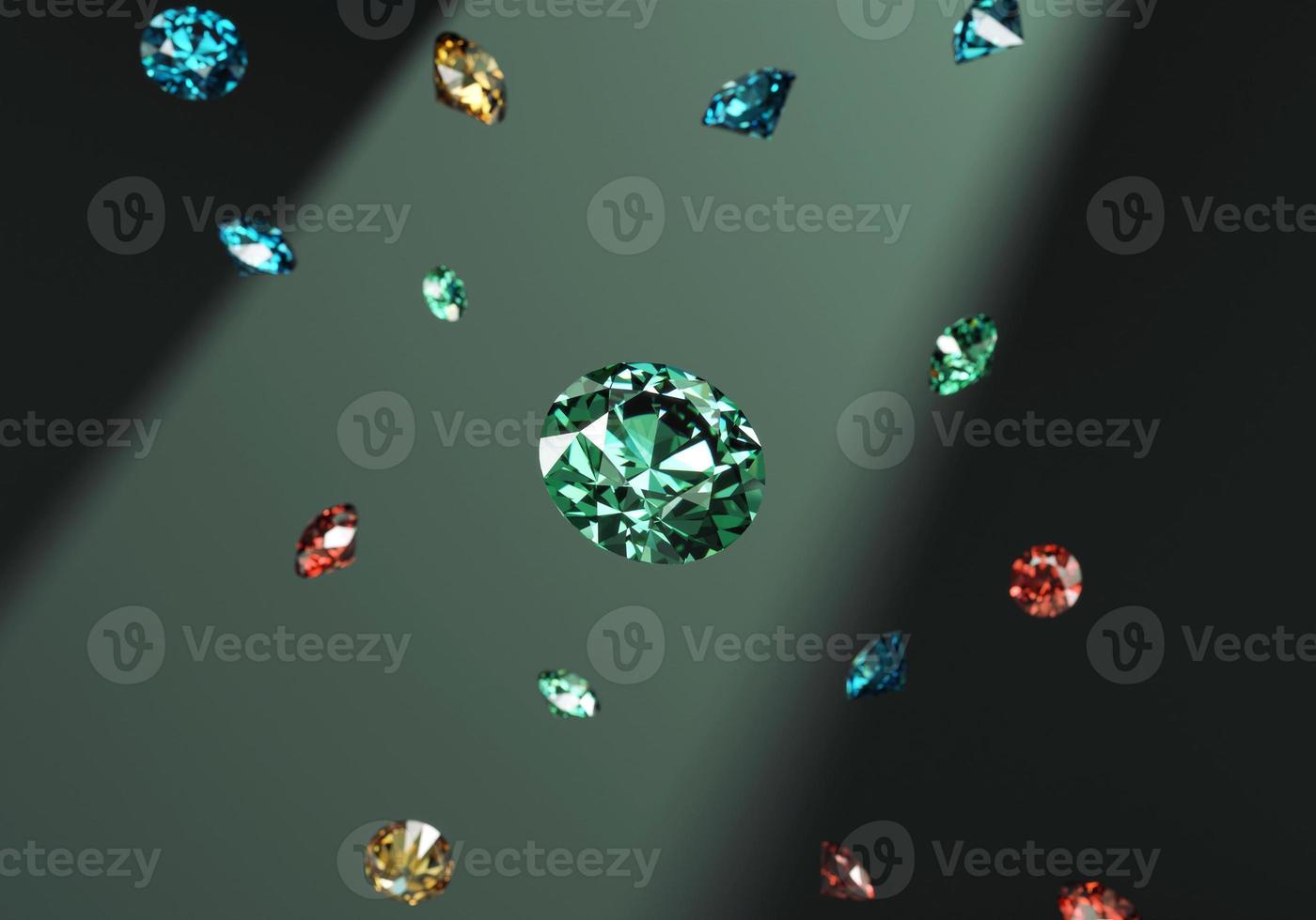 Bunte Diamant-Edelsteine, die auf tiefgrünem Hintergrund 3D-Rendering fallen foto