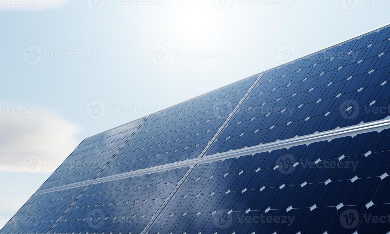Solarkraftwerk mit Sonnenkollektoren zur Erzeugung von elektrischer Energie durch Ökostrom mit blauem Himmelshintergrund. technologie und elektrisches industriekraftwerkskonzept. 3D-Darstellungswiedergabe foto
