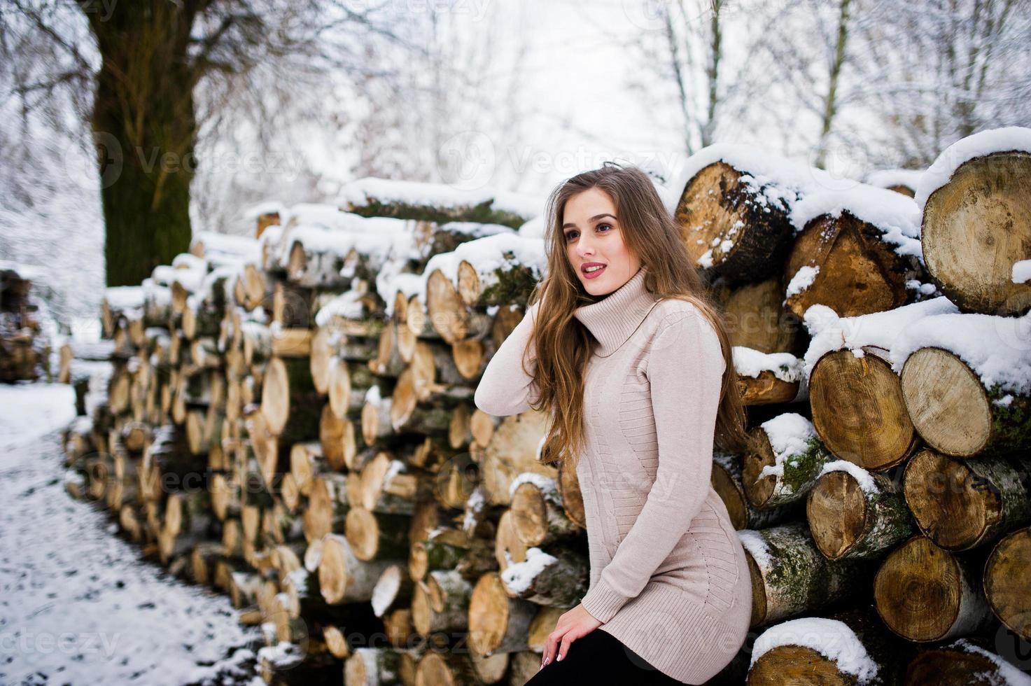 schönes brünettes Mädchen in warmer Winterkleidung. Modell auf Winterpullover in der Nähe von Baumstumpf. foto