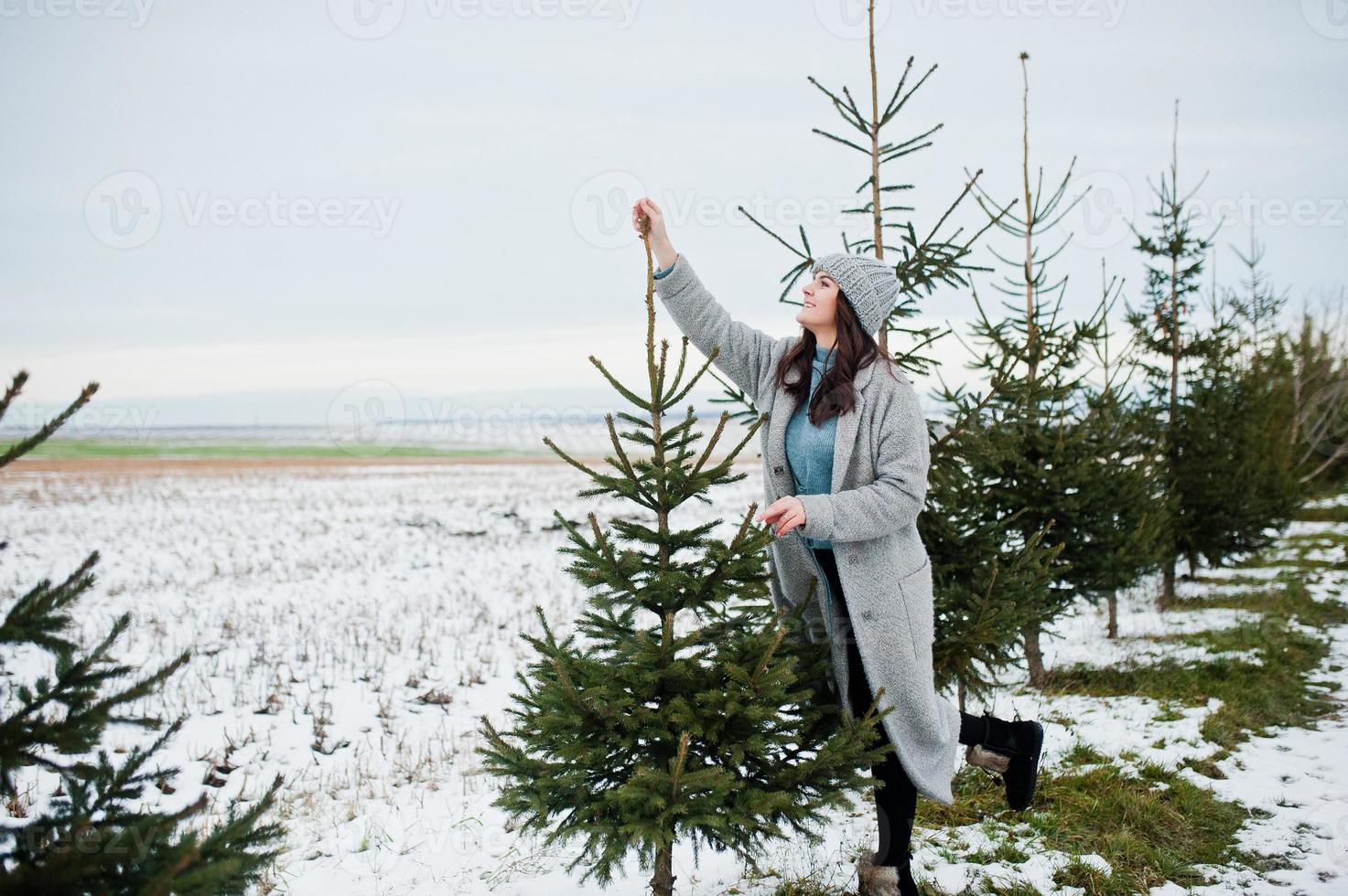 Porträt eines sanften Mädchens in grauem Mantel und Hut gegen den Neujahrsbaum im Freien. foto