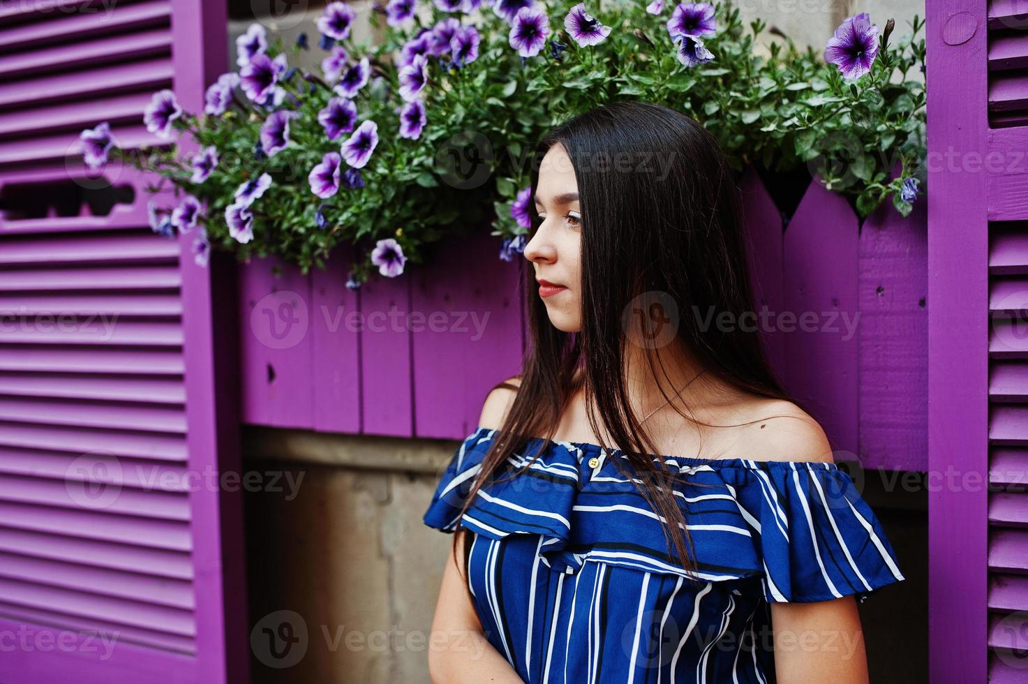 wunderschöne Brünette Mädchen Porträt Hintergrund violette Fenster. foto