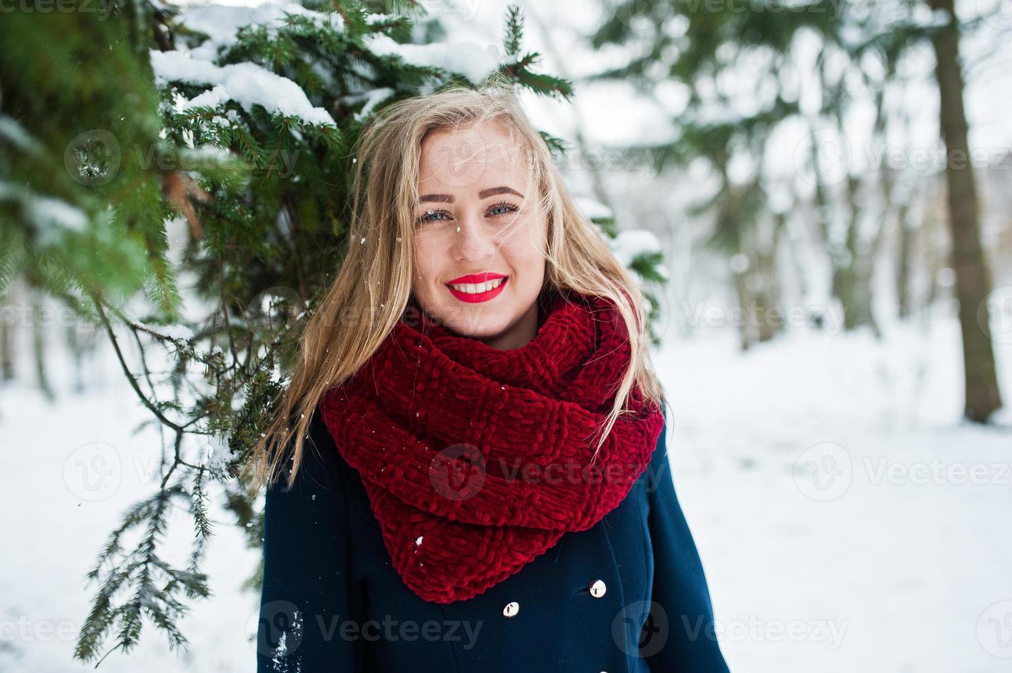 Blondes Mädchen in rotem Schal und Mantel, das am Wintertag im Park spazieren geht. foto