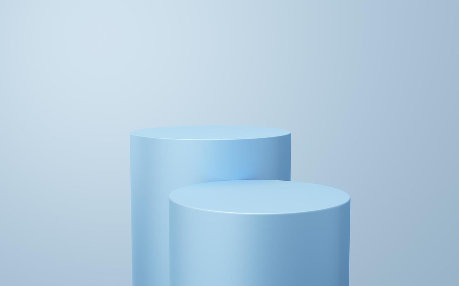 2 leeres blaues Zylinderpodium, das auf weißem Kopienraumhintergrund schwimmt. abstraktes minimales geometrisches formobjekt des studios 3d. monotoner sockelmodellraum für die anzeige des produktdesigns. 3D-Rendering. foto