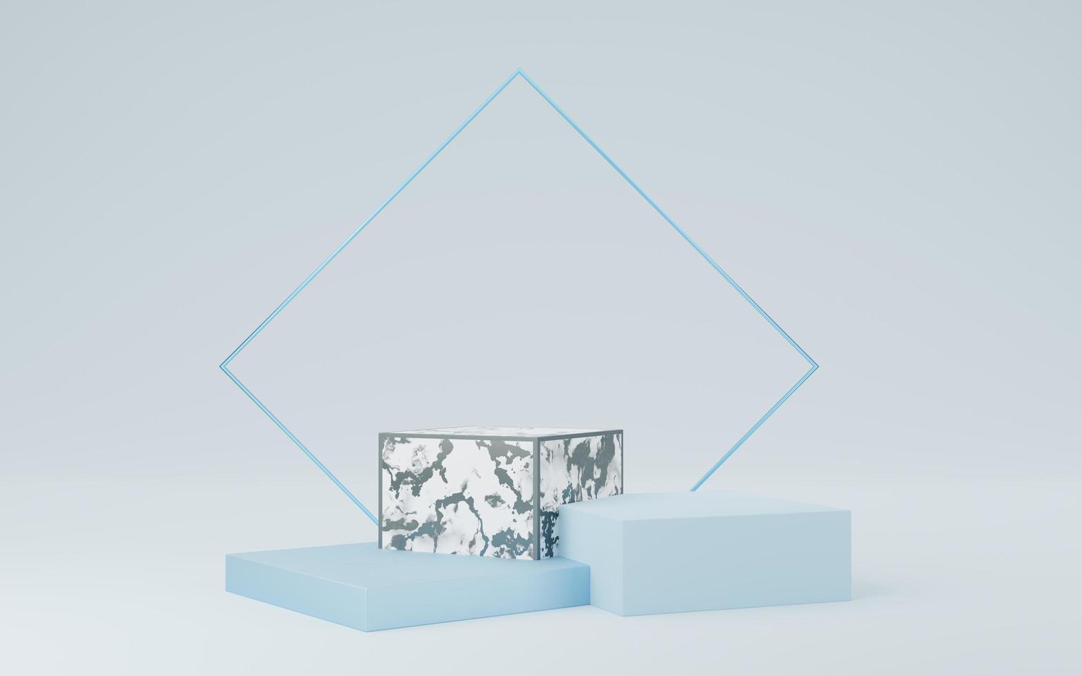 leeres weißes Würfelpodium mit Rand, blau gestreift und quadratisch auf grauem Hintergrund. abstraktes minimales geometrisches formobjekt des studios 3d. modellfläche für die anzeige des produktdesigns. 3D-Rendering. foto