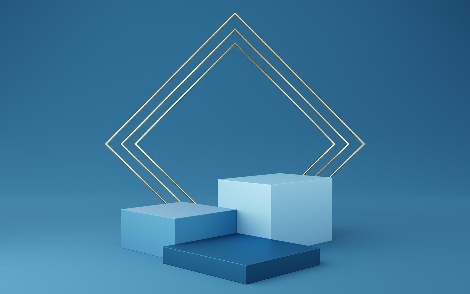 leeres blaues Würfelpodium und goldenes Quadrat auf blauem Hintergrund. abstraktes minimales geometrisches formobjekt des studios 3d. modellfläche für die anzeige des produktdesigns. 3D-Rendering. foto