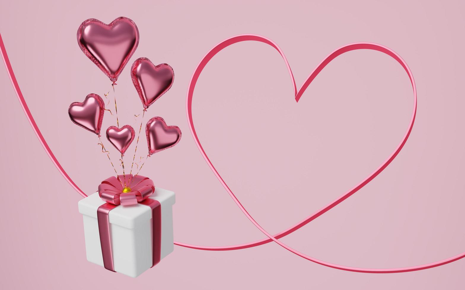 kopierraum des valentinstags. rosa bandherzen mit geschenkboxen, herzluftballons auf rosa hintergrund. Liebesgrußkarten machen. modellfläche für die anzeige des produktdesigns. 3D-Rendering. foto
