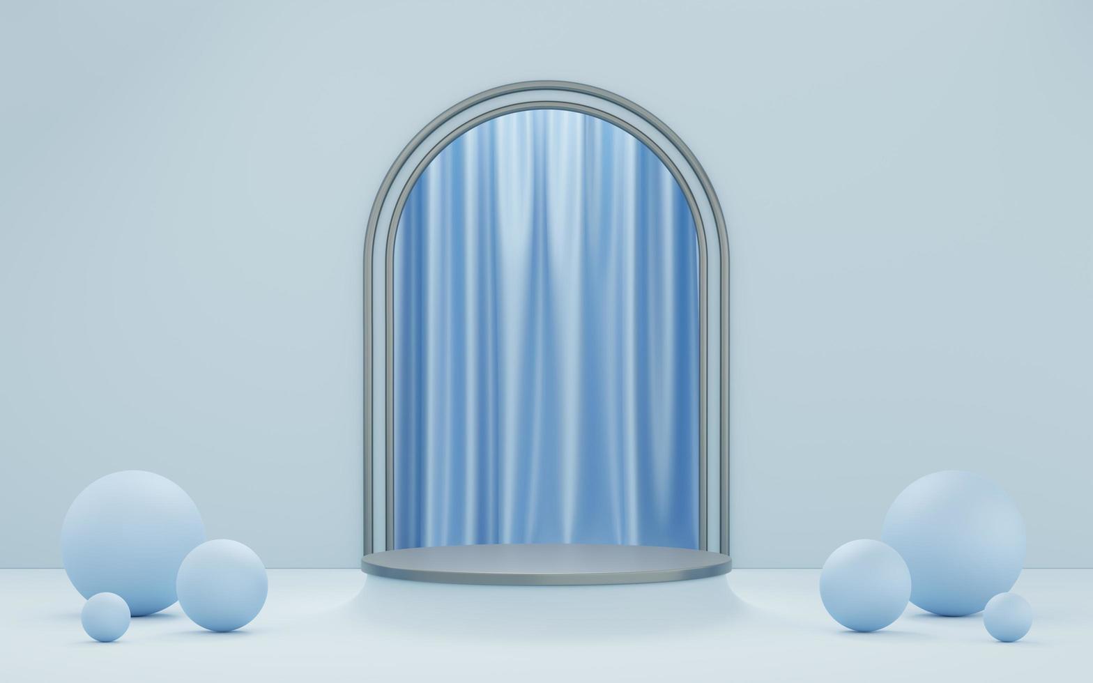 leeres graues Zylinderpodium mit blauem Ball auf Bogenrohr und weißem Hintergrund des Vorhangs. abstraktes minimales geometrisches objekt des studios 3d. Sockelmodellfläche für die Präsentation des Produktdesigns. 3D-Rendering. foto