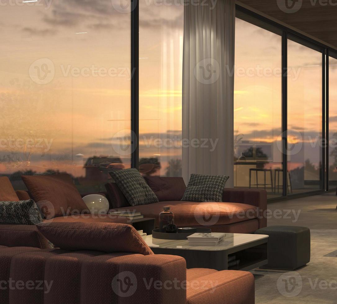 elegant und luxuriös mit Nachtbeleuchtung offenes Wohnzimmer, Küche und Esszimmer, Marmorinsel, Steinboden, beige Wände, Holzdecke. Fenster mit Blick auf den Sonnenuntergang. 3D-Rendering-Illustration Innenraum foto