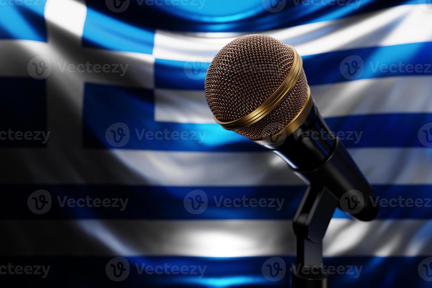 mikrofon auf dem hintergrund der nationalflagge von griechenland, realistische 3d-illustration. Musikpreis, Karaoke, Radio- und Tonstudio-Tongeräte foto