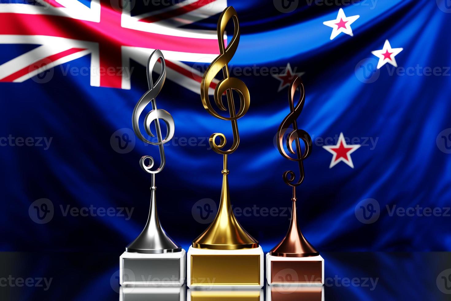 Violinschlüsselpreise für den Gewinn des Musikpreises vor dem Hintergrund der Nationalflagge von Neuseeland, 3D-Illustration. foto
