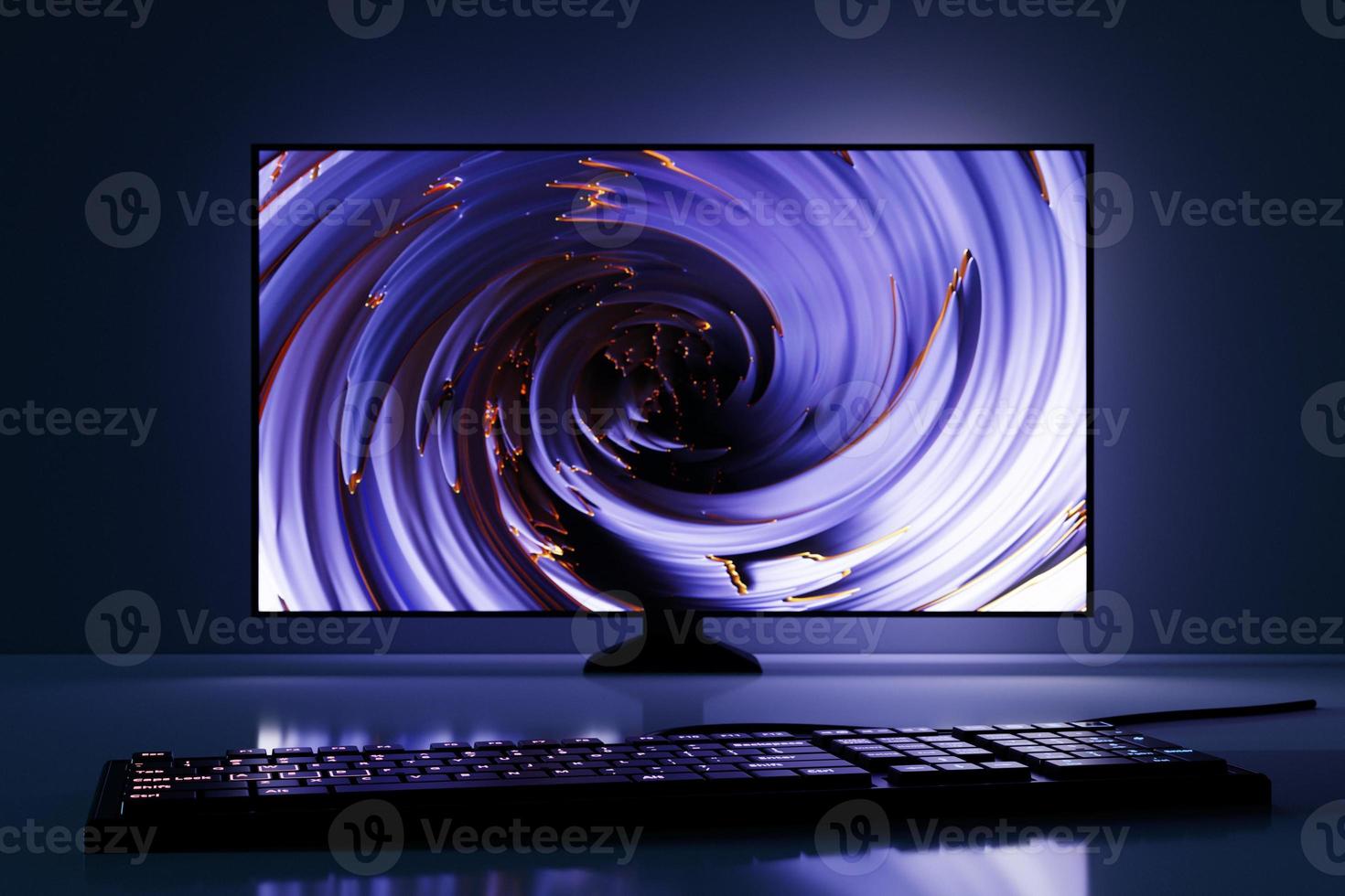leistungsfähiger Personalcomputer. gemütlicher desktop für gamer, monitor mit rgb-tastatur beleuchtet mit blauem und neonlicht. foto