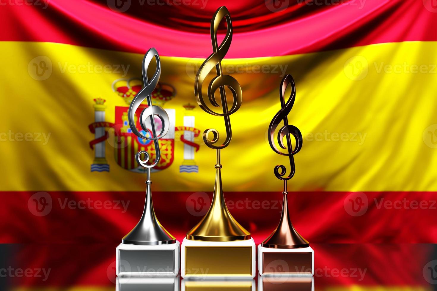 Violinschlüsselpreise für den Gewinn des Musikpreises vor dem Hintergrund der spanischen Nationalflagge, 3D-Illustration. foto