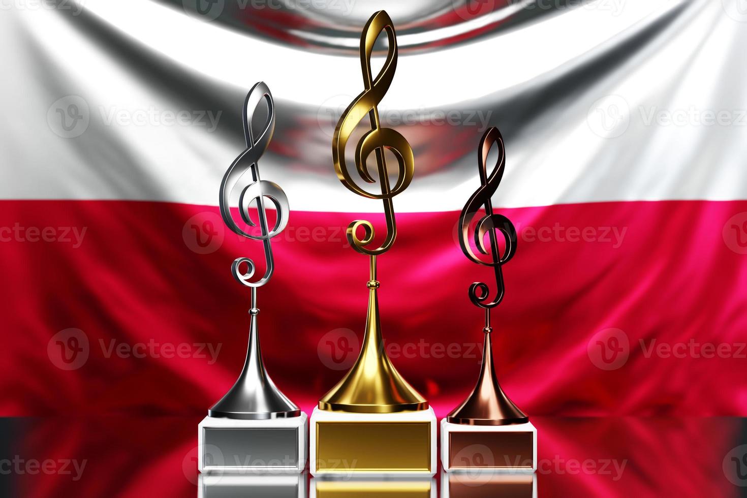 Violinschlüsselpreise für den Gewinn des Musikpreises vor dem Hintergrund der polnischen Nationalflagge, 3D-Darstellung. foto