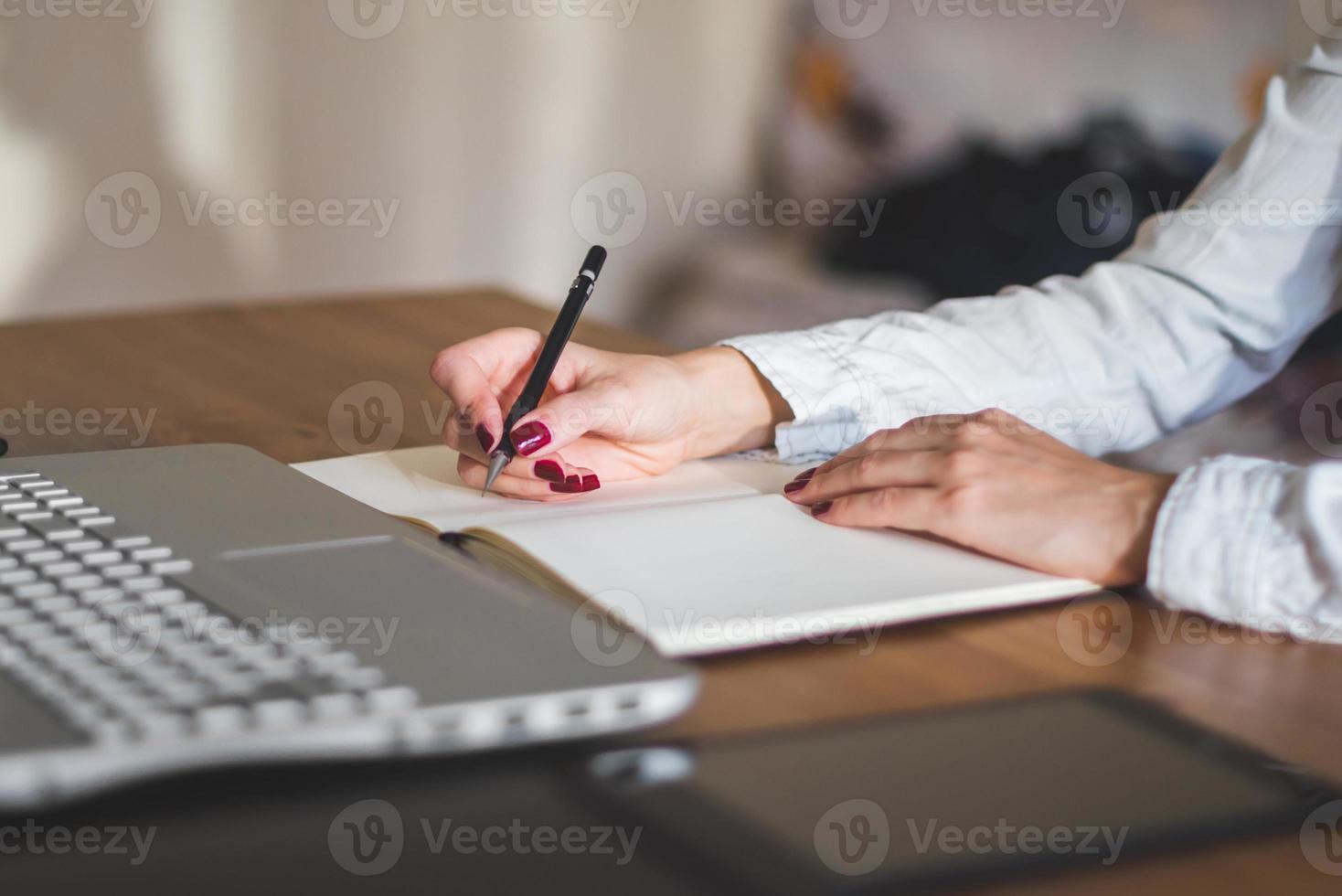 Geschäftsfrau mit Laptop und Tagebuch im Bürokonzept freiberufliche Arbeit foto