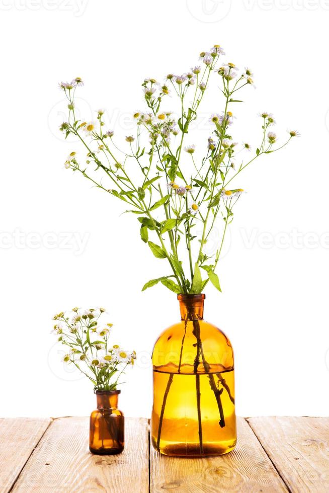 Kräutermedizin-Konzept - Flasche mit Kamille auf Holztisch foto