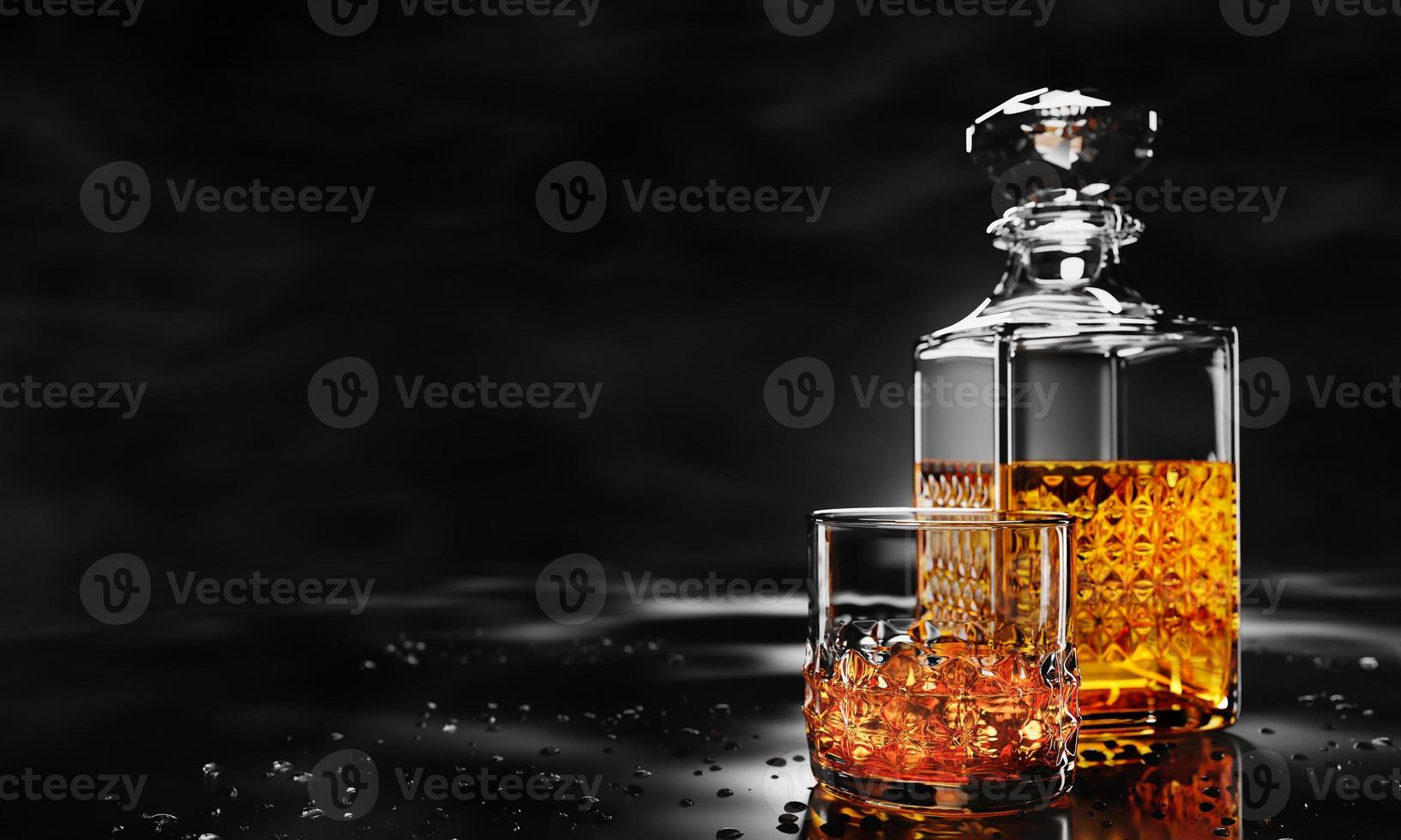brandy oder whisky in klarem glas mit eiswürfeln. alkoholische getränke auf glänzender tischplatte mit wassertröpfchen. alkoholkonzept in bar oder studioaufnahme. 3D-Rendering foto