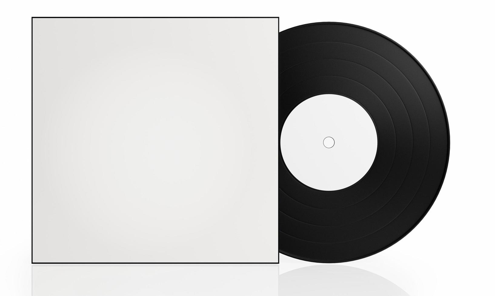 Vinyl-Schallplatte schwarz leeres weißes Cover auf weißem Hintergrund gibt es eine Reflexion auf dem Boden. ein Gerät zum Abspielen von Musik in der Antike. 3D-Rendering foto