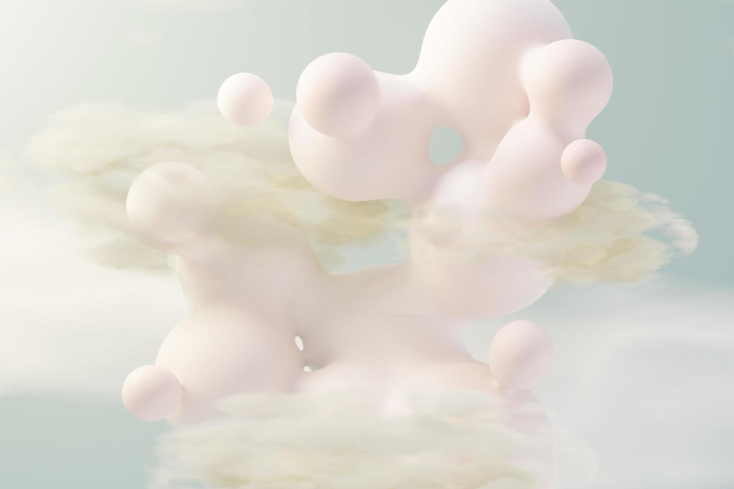 3D-Darstellung von Pastellkugeln, Seifenblasen, Blobs, die mit flauschigen Wolken und Ozean in der Luft schweben. Romantik Land der Traumszene. natürlicher abstrakter verträumter himmel. foto